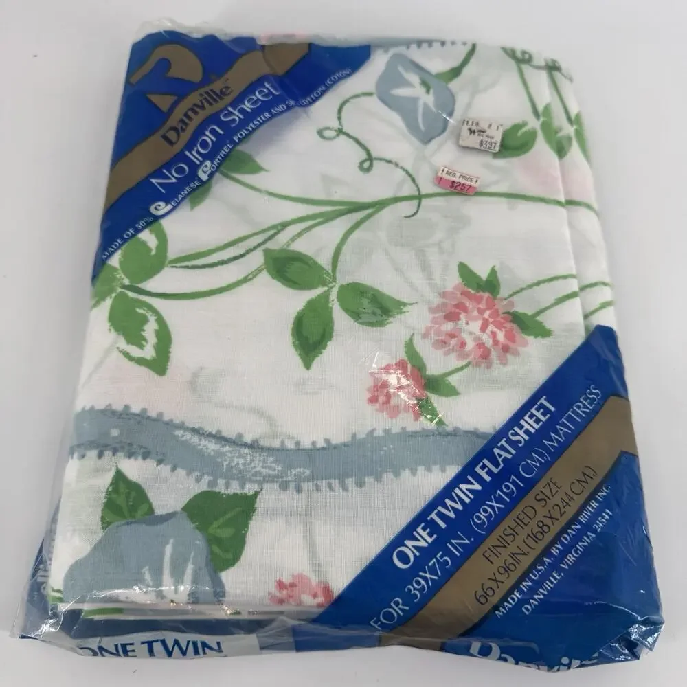 Vtg Danville Twin Flat Sheet “Ribbons & Clover” NOS Pink Rose FLORAL White Blue